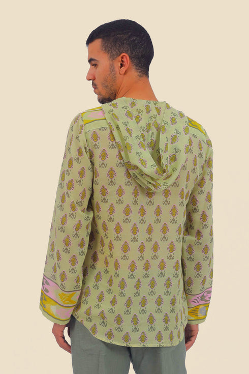 Shirt in printed cotton gauze with hoodie